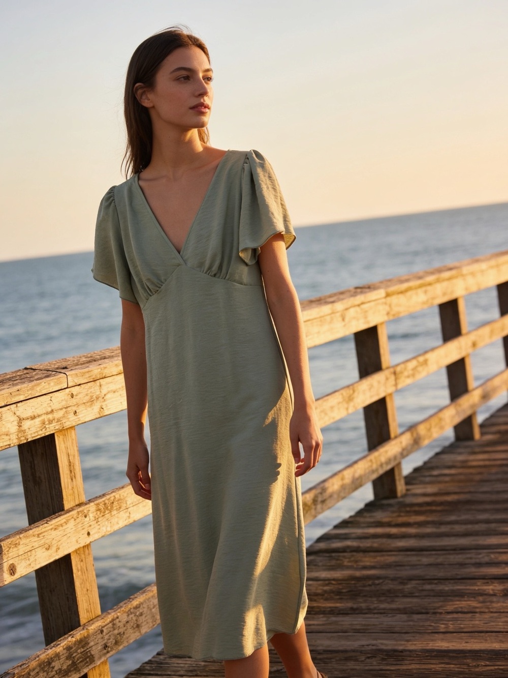 Elegant Sage Green V-Neck Midi Dress